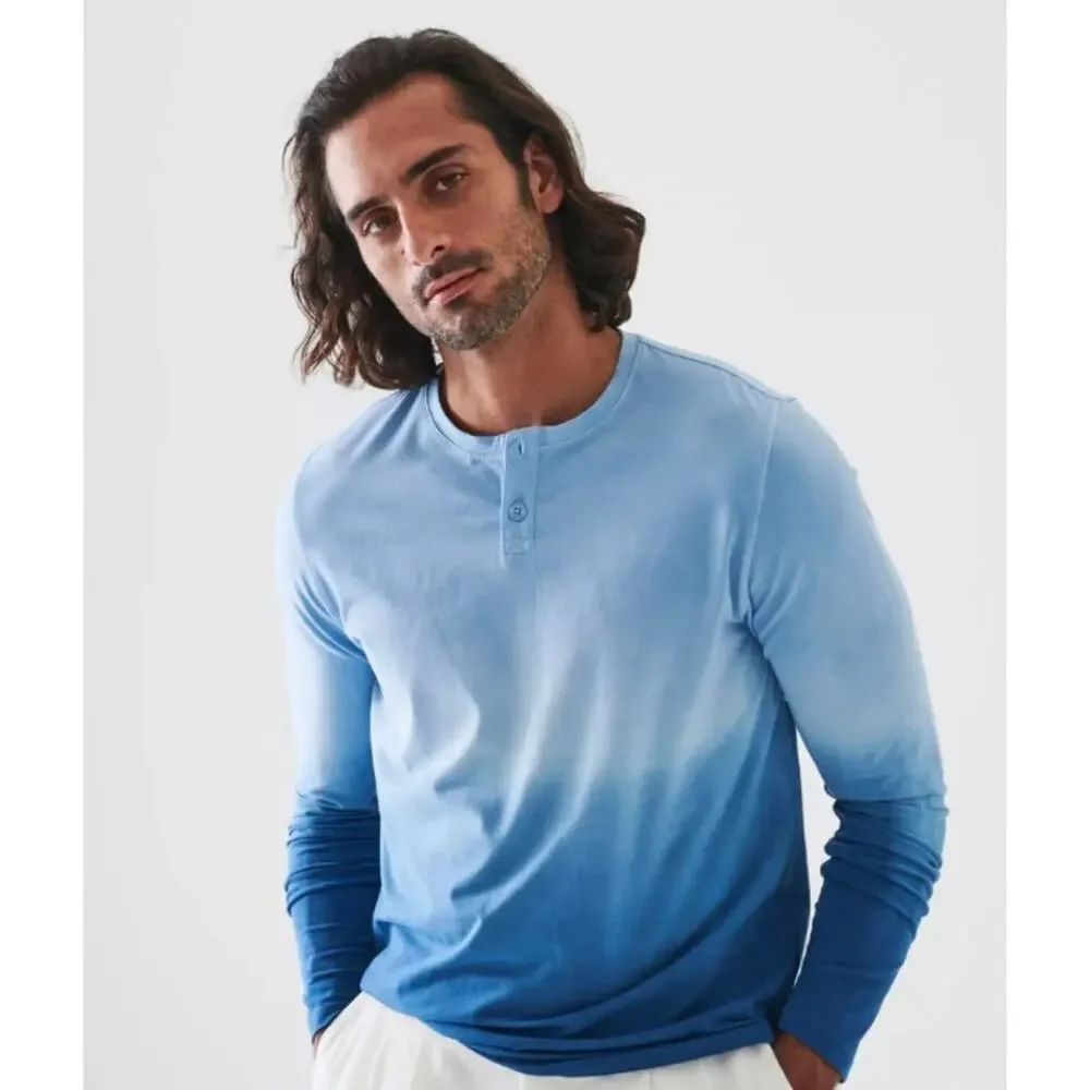 Patrick Assaraf Stretch Pima Cotton Henley Shirt Ombre Tie Dye Peru Blue Large